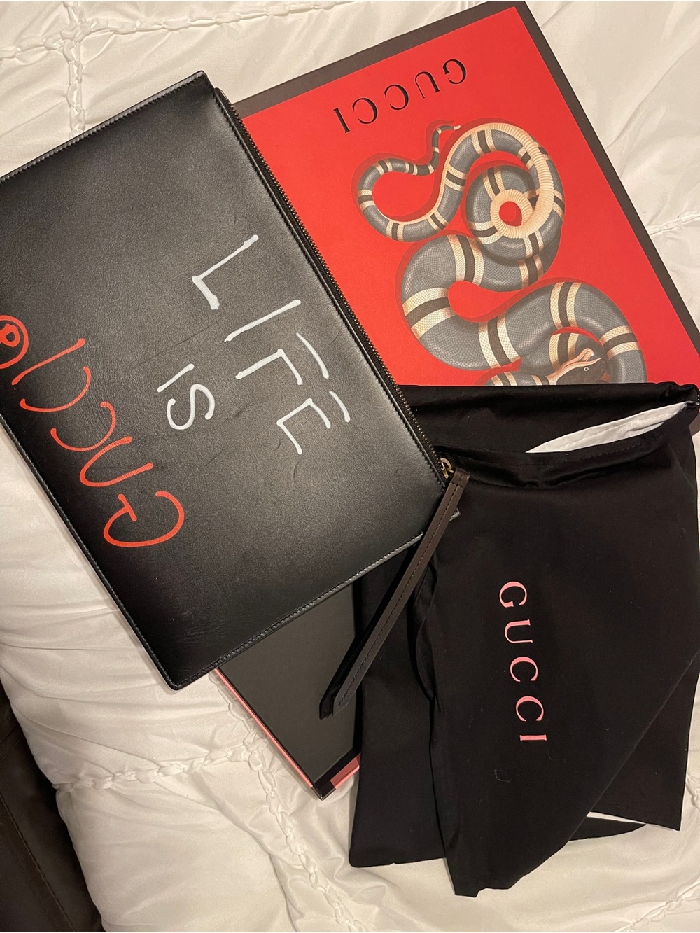 Gucci Black 'Life Is' Leather Zip Pouch with Red Accents